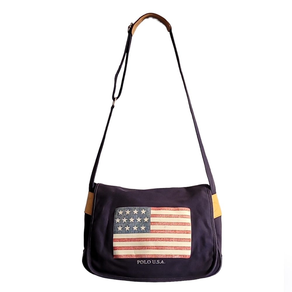 RL POLO U.S.A. Sport Flag Vintage Canvas Leather Messenger Tote Shoulder Bag